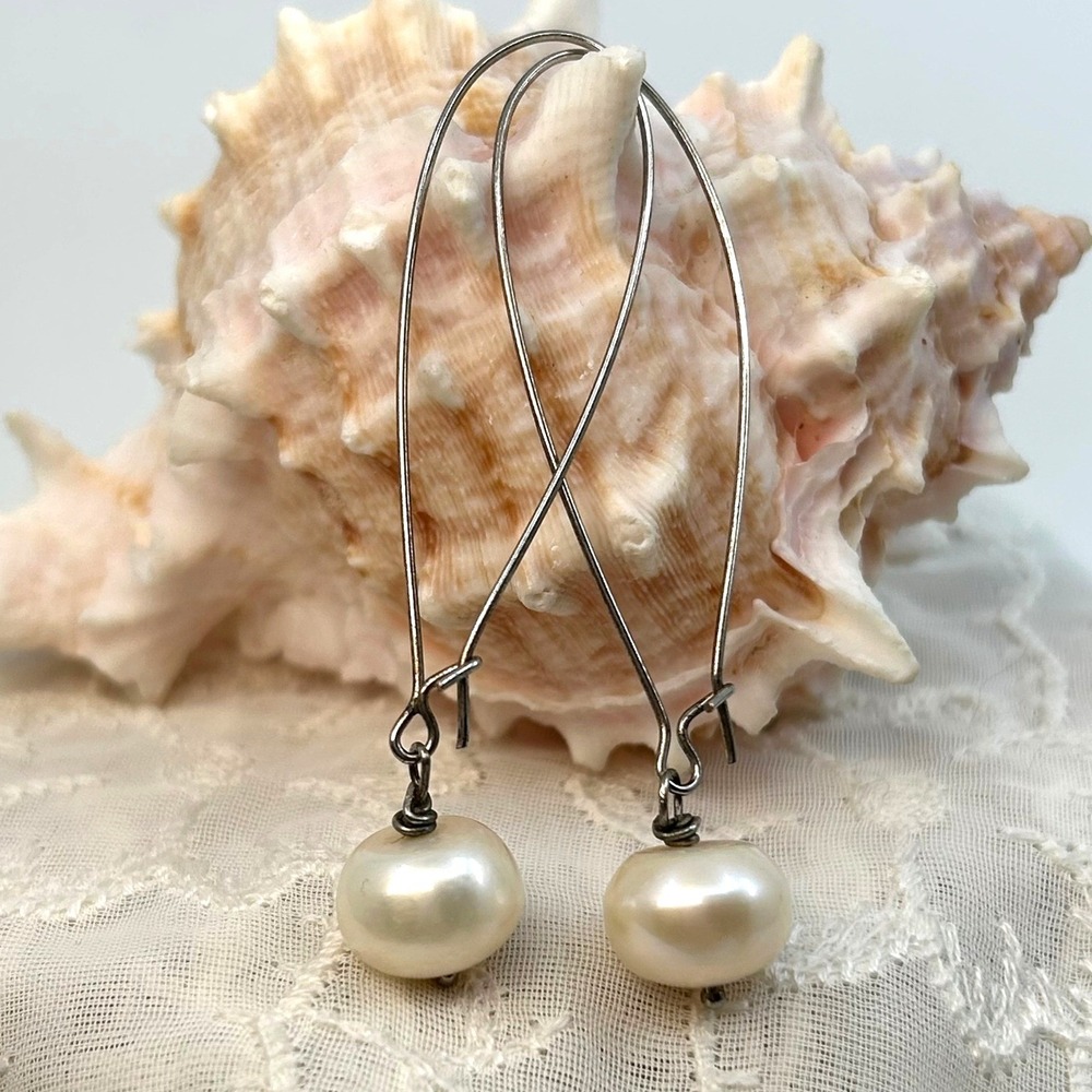 Sterling Silver Handmade Pearl Drop Dangle Wire Earrings Artisan Boho Elegant